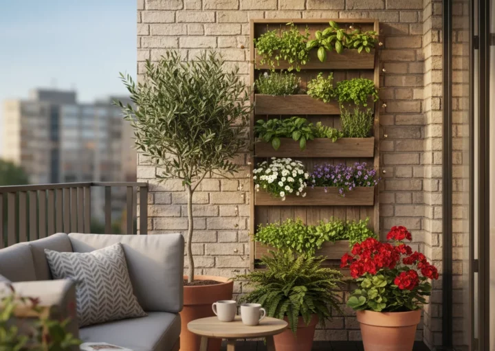 Uma varanda moderna com um sofá aconchegante, uma pequena mesa redonda, vasos de plantas e um jardim vertical de madeira repleto de ervas e flores verdes, encostada em uma parede de tijolos com prédios da cidade ao fundo.