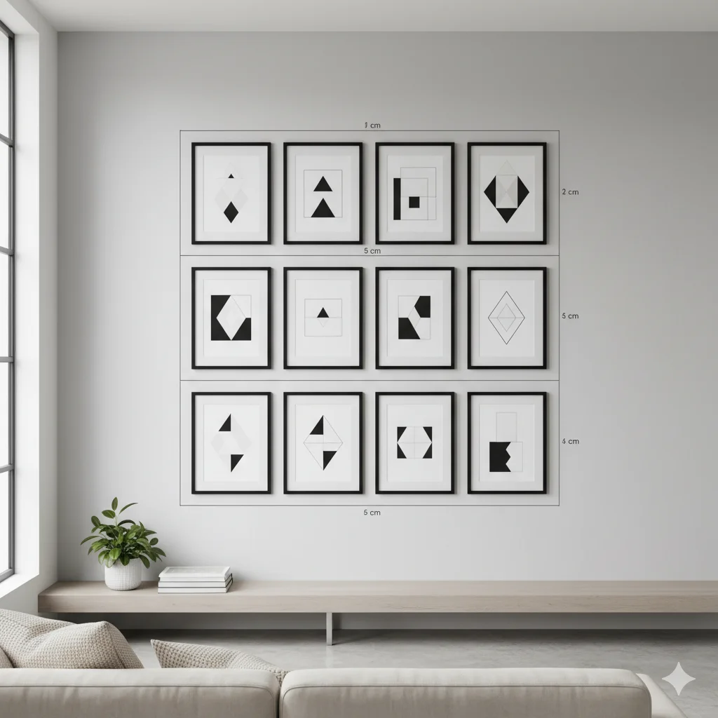 Uma sala de estar moderna com uma parede cinza claro apresenta uma Decoração Parede Galeria - dez gravuras abstratas em preto e branco em molduras acima de um banco baixo com livros e um pequeno vaso de plantas ao lado de uma grande janela.