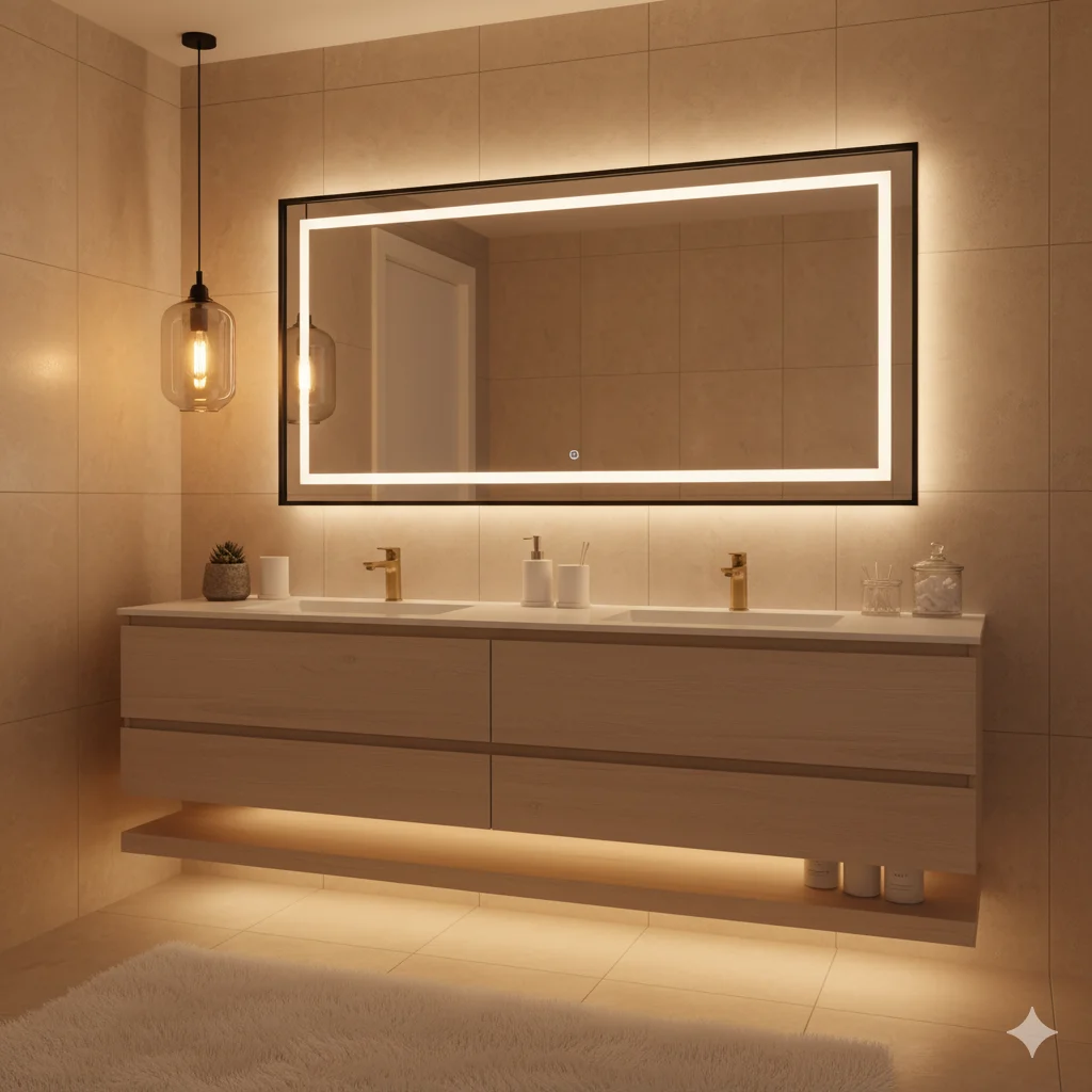 Um banheiro moderno com paredes de azulejos bege, um grande espelho iluminado, pias duplas com torneiras douradas, uma penteadeira flutuante, uma luminária pendente suspensa e uma iluminação suave de destaque sob a penteadeira.