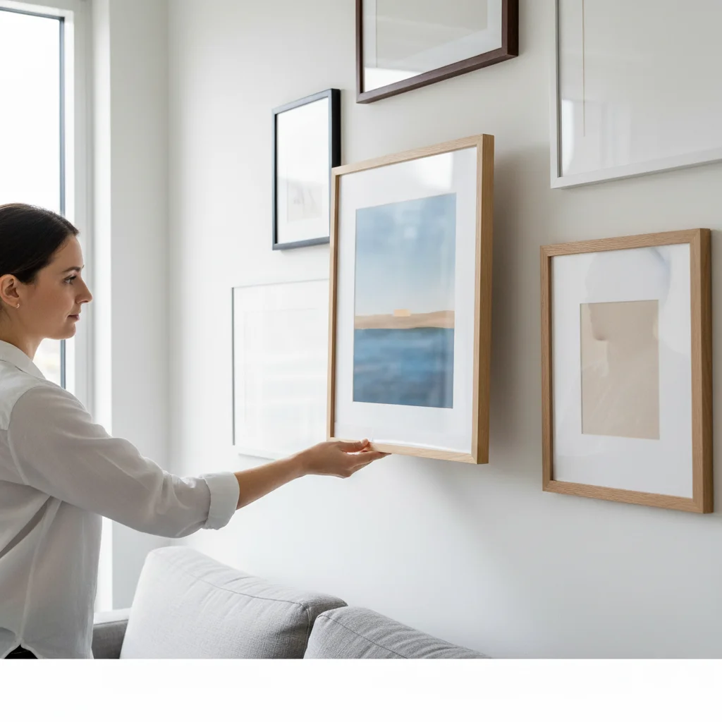 Uma mulher de blusa branca ajusta um quadro emoldurado em uma parede de cor clara acima de um sofá cinza, criando uma decoração parede galeria com várias outras obras de arte. A luz natural entra por uma janela próxima.