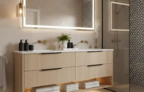 Um banheiro moderno com um grande espelho iluminado, penteadeira de madeira clara com pias duplas, luminárias douradas, prateleiras abertas com toalhas bem dobradas, chuveiro de vidro e parede de destaque com azulejos estampados.