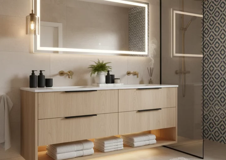 Um banheiro moderno com um grande espelho iluminado, penteadeira de madeira clara com pias duplas, luminárias douradas, prateleiras abertas com toalhas bem dobradas, chuveiro de vidro e parede de destaque com azulejos estampados.