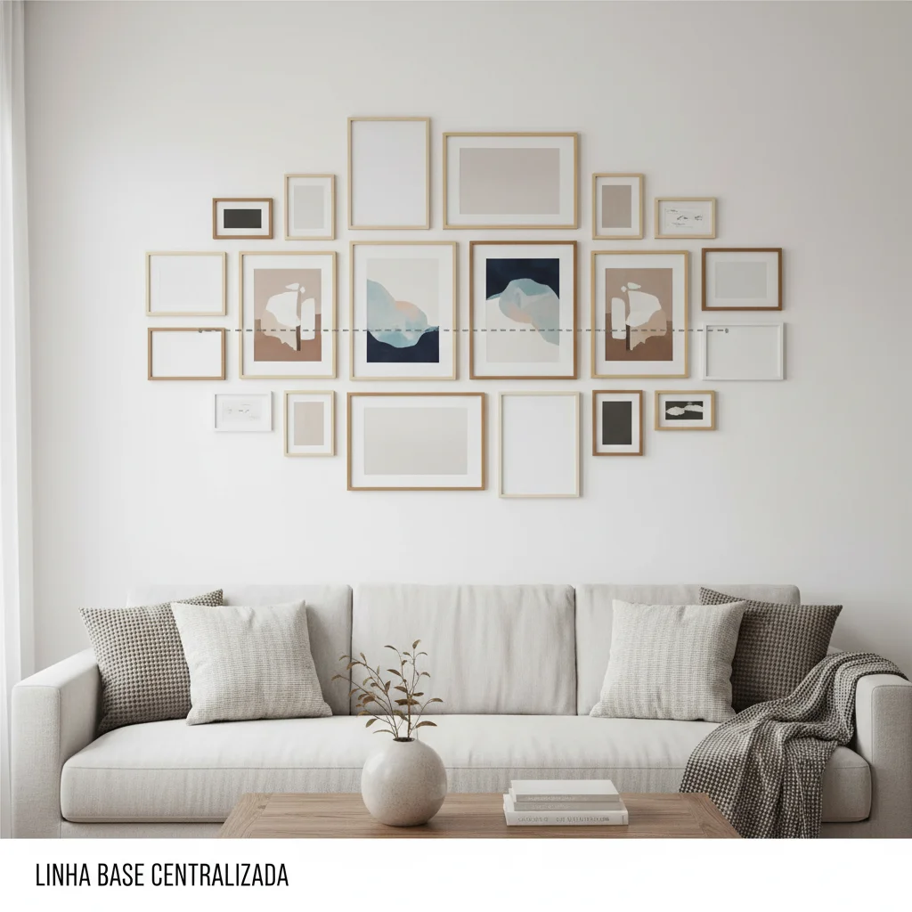 Um sofá branco com almofadas fica embaixo de uma Decoração Parede Galeria - um arranjo artisticamente simétrico de obras de arte e fotos emolduradas. Uma mesa de centro de madeira com uma pequena planta está na frente. O texto diz: LINHA BASE CENTRALIZADA.