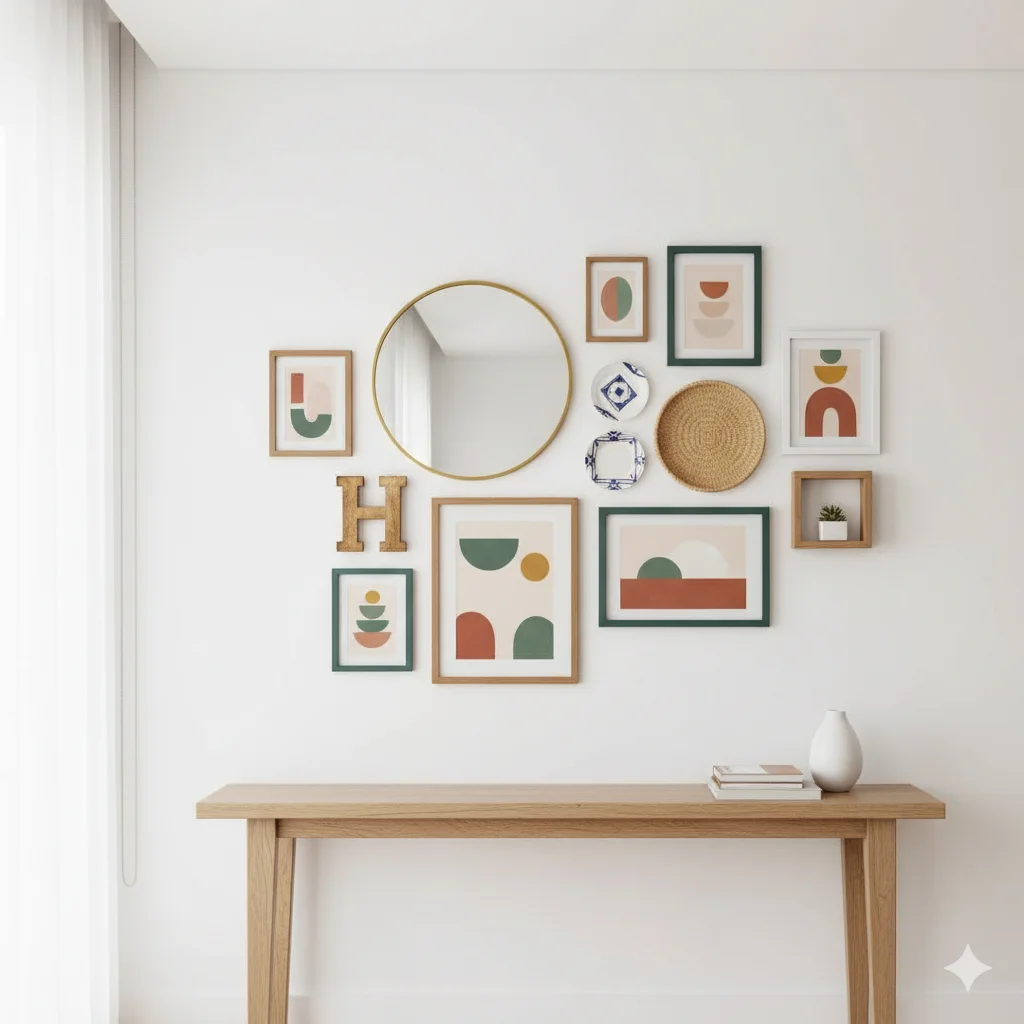 Uma mesa de console de madeira está encostada em uma parede branca adornada com uma Decoração Parede Galeria de arte abstrata, um espelho redondo, uma cesta de tecido, uma letra H dourada e um pequeno vaso sobre a mesa.