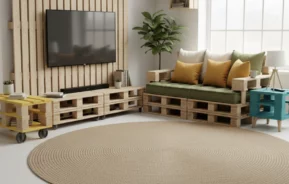 Uma sala de estar bem iluminada apresenta móveis feitos de paletes de madeira, incluindo um suporte de TV, uma mesa de centro e um sofá com almofadas coloridas. Um grande tapete redondo e um vaso de plantas acrescentam aconchego. A luz do sol entra por uma grande janela.