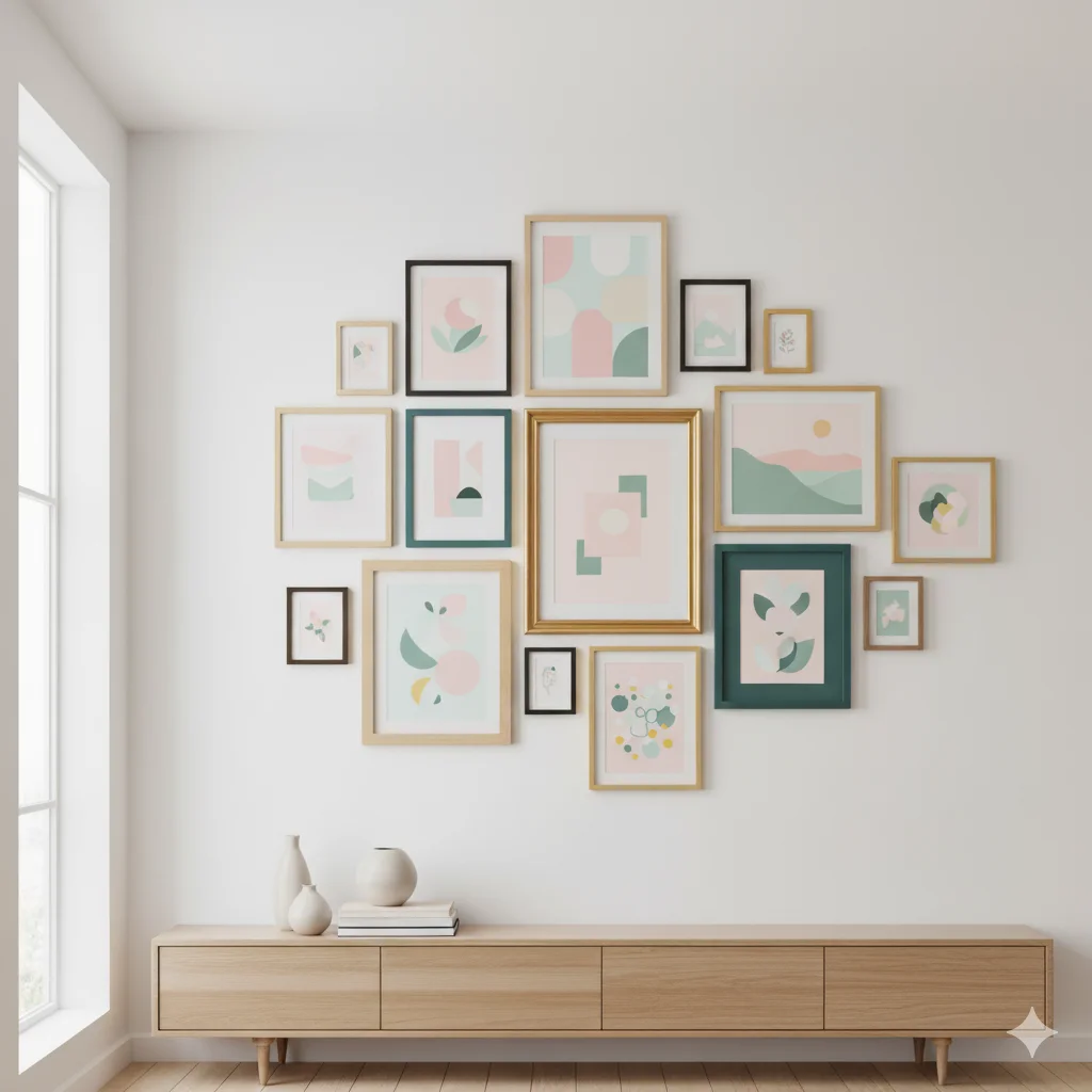 A parede de uma sala de estar minimalista apresenta a Decoração Parede Galeria com arte abstrata emoldurada em tons pastéis suaves acima de um aparador de madeira clara com vasos de cerâmica, ao lado de uma grande janela que permite a entrada de luz natural.