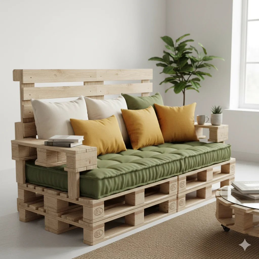 Um sofá de palete de madeira com almofadas verdes e almofadas amarelas e brancas fica em uma sala iluminada com um vaso de plantas, uma mesa de centro e a luz do sol entrando pela janela.