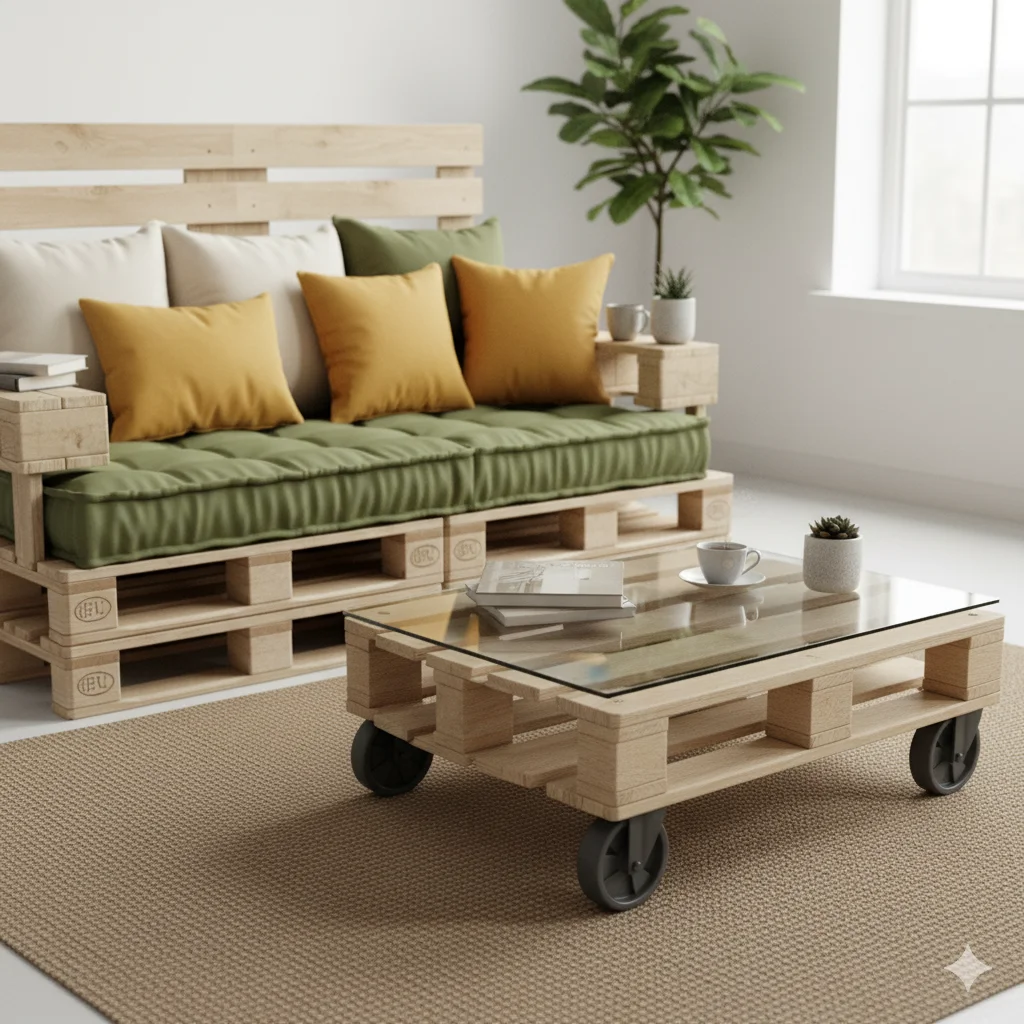 Uma sala de estar moderna com um sofá de palete de madeira com almofadas verdes e amarelas, uma mesa de centro de palete com tampo de vidro e rodas, um tapete bege, um vaso de plantas e uma grande janela que permite a entrada de luz natural.