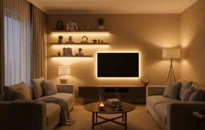 Uma sala de estar aconchegante com dois sofás bege, uma mesa de centro redonda, iluminação suave, estantes com decoração e uma TV na parede com uma luz de fundo brilhante. Uma luminária de chão e cortinas transparentes adicionam calor ao espaço.