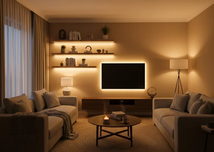 Uma sala de estar aconchegante com dois sofás bege, uma mesa de centro redonda, iluminação suave, estantes com decoração e uma TV na parede com uma luz de fundo brilhante. Uma luminária de chão e cortinas transparentes adicionam calor ao espaço.