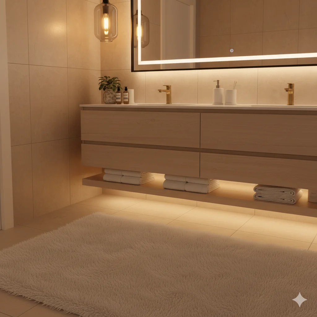 Banheiro moderno com azulejos bege, um grande espelho iluminado, pia dupla com torneiras douradas, produtos de higiene pessoal, um vaso de plantas, toalhas empilhadas em uma prateleira aberta e um tapete de pelúcia creme no chão. Iluminação ambiente aconchegante.