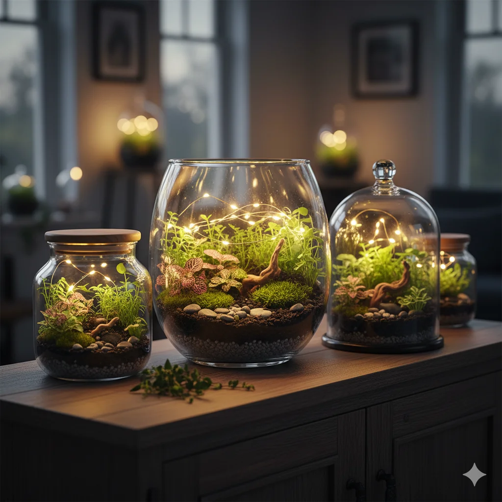 Três terrários de vidro cheios de plantas verdes exuberantes, musgo, seixos e galhos estão sobre uma mesa de madeira. Cada terrário é iluminado por cordões de luzes quentes, criando uma atmosfera aconchegante e convidativa em uma sala suavemente iluminada.