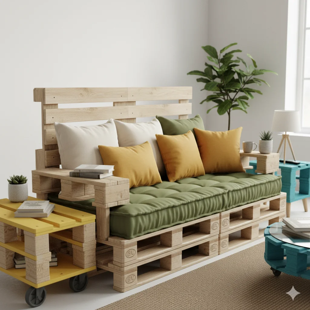 Uma sala de estar aconchegante com um sofá feito de paletes de madeira, coberto com almofadas verdes e bege e travesseiros amarelos. Uma pequena mesa lateral amarela, vasos de plantas e uma grande janela iluminam o espaço moderno.