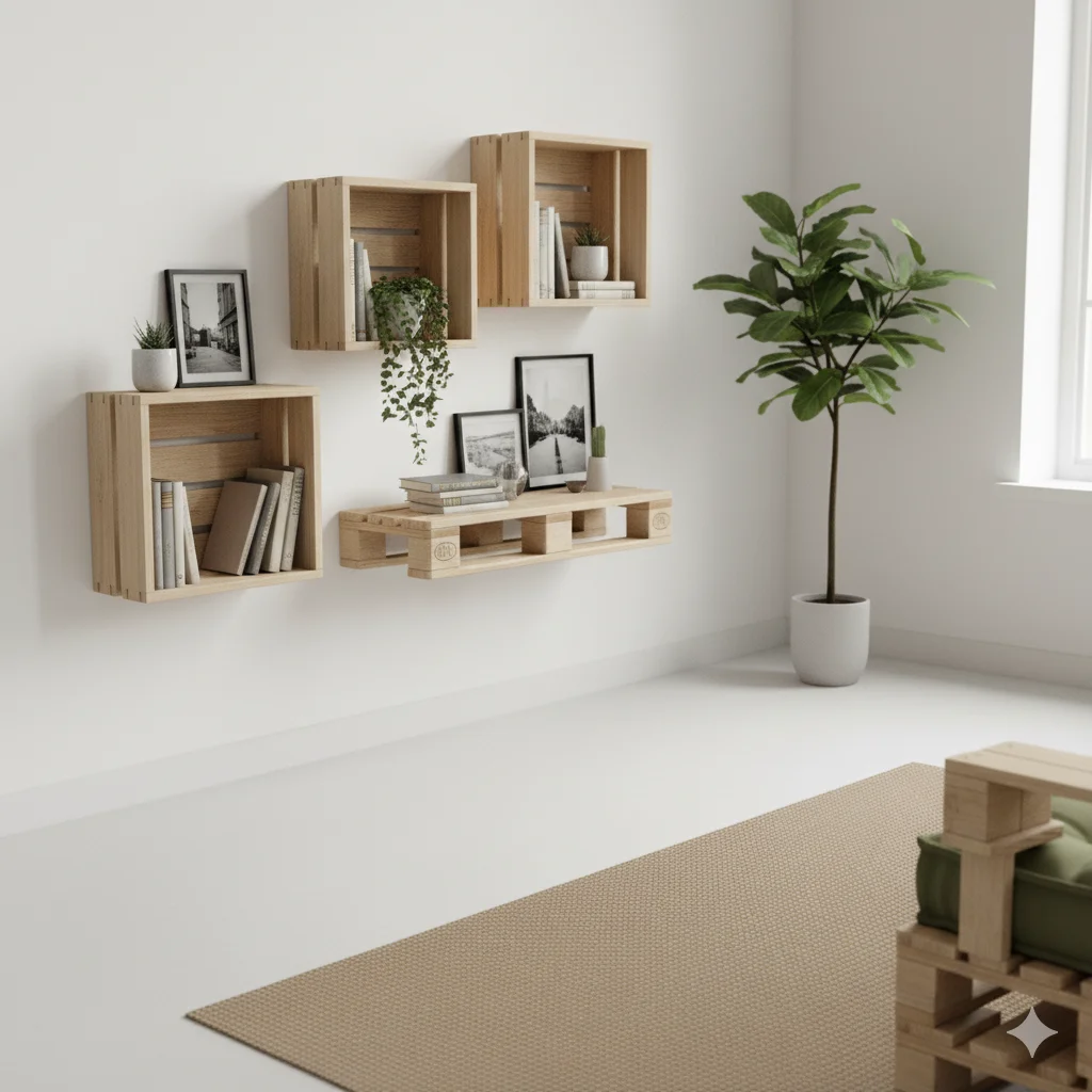 Uma sala de estar minimalista com paredes claras, prateleiras de caixotes de madeira exibindo livros e plantas, um vaso de árvore e um tapete de tecido no chão. A luz natural entra por uma janela.