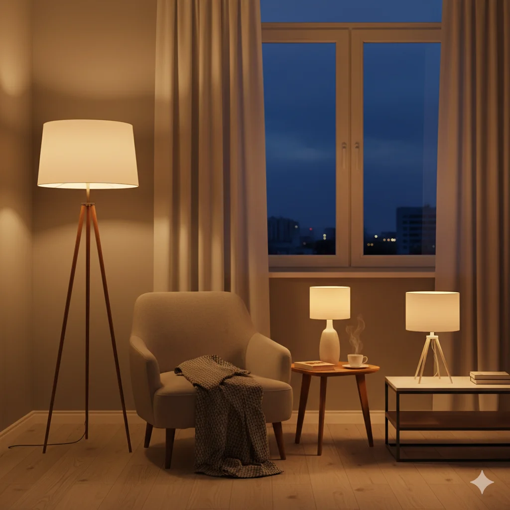Uma sala de estar aconchegante à noite com uma luminária de chão acesa, uma poltrona coberta com um cobertor, uma mesa lateral com uma caneca e uma luminária, e uma mesa maior com outra luminária, em frente a uma janela que mostra uma paisagem urbana escura.