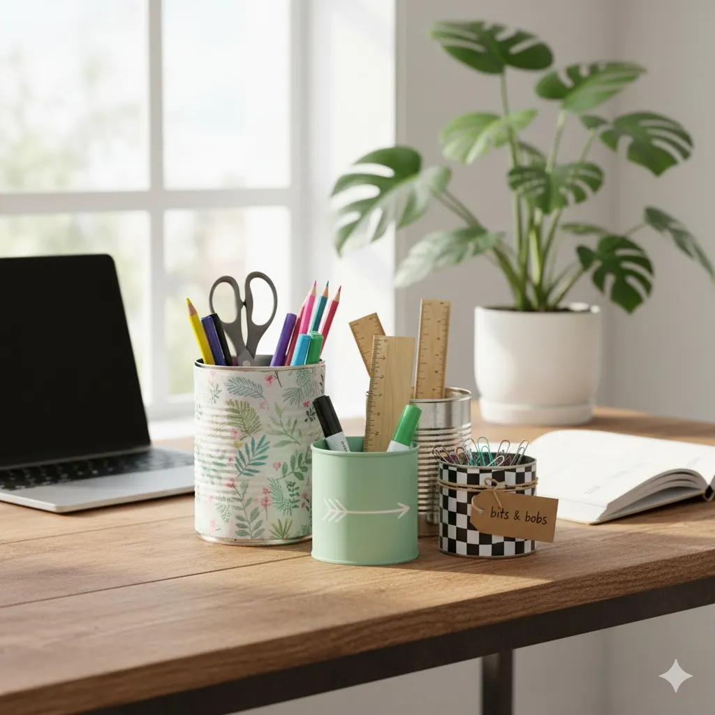 Uma mesa de madeira arrumada com recipientes contendo canetas, lápis, tesouras e réguas, um vaso de plantas, um caderno aberto e um laptop. A luz do sol entra por uma janela ao fundo.