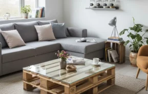 Uma sala de estar aconchegante com um sofá seccional cinza, almofadas bege, uma mesa de centro de palete com tampo de vidro, plantas, livros, potes nas prateleiras da parede e uma grande janela que permite a entrada de luz natural.