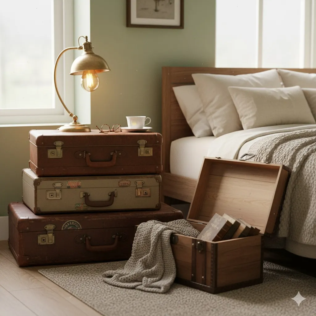Um quarto aconchegante com uma cama bem arrumada, uma pilha de malas vintage usada como criado-mudo com um abajur, livros e uma xícara em cima, e uma caixa de madeira aberta com livros e um cobertor de tricô sobre um tapete.