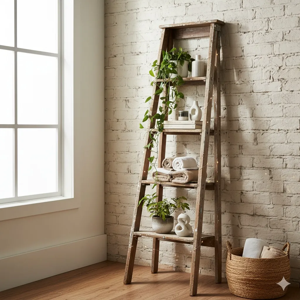 Uma prateleira rústica com escada de madeira está encostada em uma parede de tijolos brancos, contendo vasos de plantas, toalhas enroladas e decoração. Uma cesta com toalhas fica no piso de madeira ao lado de uma grande janela com luz natural.