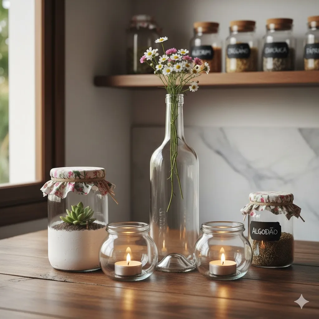 Uma cena de cozinha aconchegante com potes de temperos, duas velas acesas em suportes de vidro, um pote com uma suculenta e uma garrafa alta com flores silvestres em uma bancada de madeira. A luz natural entra por uma janela próxima.