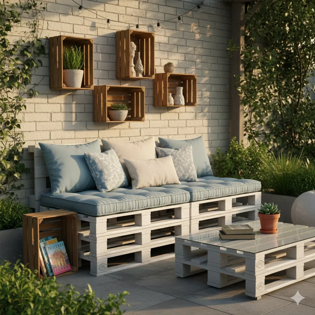 Um pátio aconchegante apresenta um sofá e uma mesa feitos de paletes de madeira pintados de branco, cobertos com almofadas e travesseiros. Plantas e livros decoram o espaço, com caixotes de madeira montados na parede e luzes de corda que acrescentam charme.
