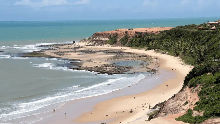 Imagem de uma praia panorâmica com curvas de areia dourada ao longo da costa, em Pipa, no Rio Grande do Norte, cercada por vegetação exuberante e penhascos rochosos. Ondas suaves dão à costa sob um céu azul com nuvens esparsas.