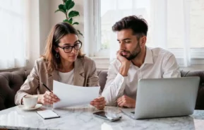 Imagem de duas pessoas sentadas em uma mesa de mármore analisando documentos. Um laptop, um smartphone e uma xícara de café estão sobre a mesa. Ambos parecem concentrados, com luz natural entrando pelas janelas atrás deles.
