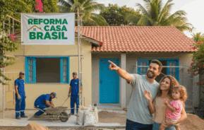 Uma família sorridente está em frente a uma casa em reforma, com trabalhadores por perto e uma placa da Reforma Casa Brasil. A família parece feliz, com o pai apontando animado para sua futura casa.