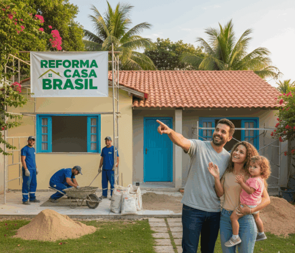 Uma família sorridente está em frente a uma casa em reforma, com trabalhadores por perto e uma placa da Reforma Casa Brasil. A família parece feliz, com o pai apontando animado para sua futura casa.