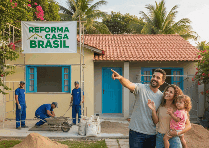 Uma família sorridente está em frente a uma casa em reforma, com trabalhadores por perto e uma placa da Reforma Casa Brasil. A família parece feliz, com o pai apontando animado para sua futura casa.