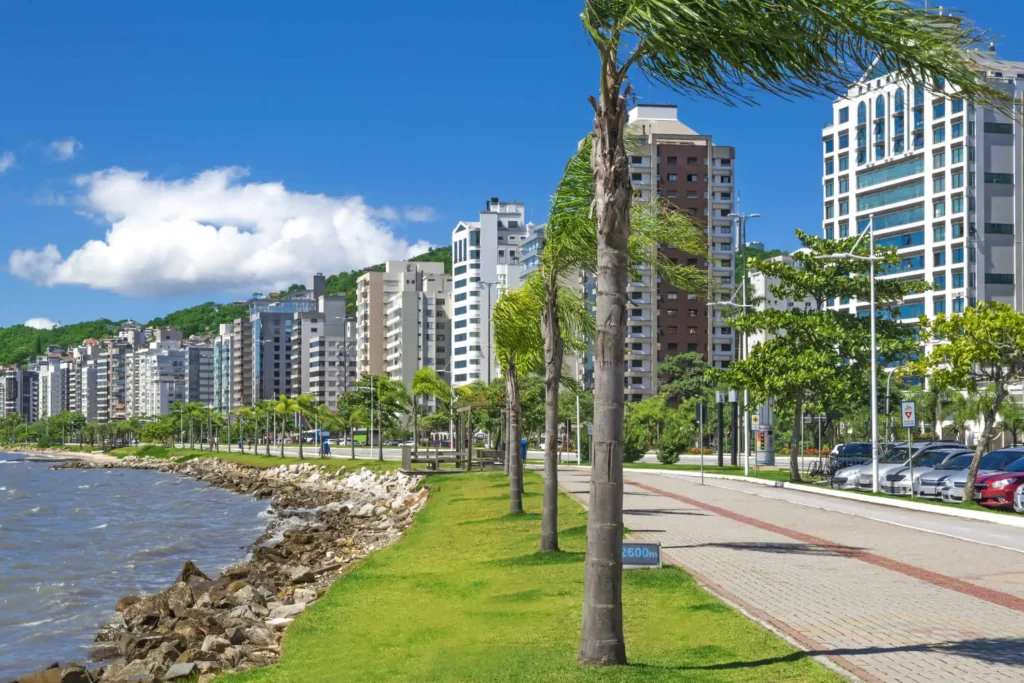 Imagem de uma avenida litorânea em Florianópolis mostra palmeiras e prédios altos modernos na orla, com um céu azul e ondas batendo nas rochas ao longo da costa.