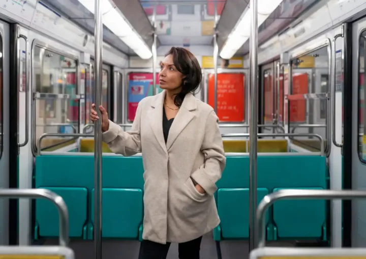 Imagem de uma mulher com um casaco bege dentro de um vagão de metrô vazio, olhando para os lados com uma expressão pensativa. Os assentos são azul-turquesa, e o ambiente parece limpo e moderno.