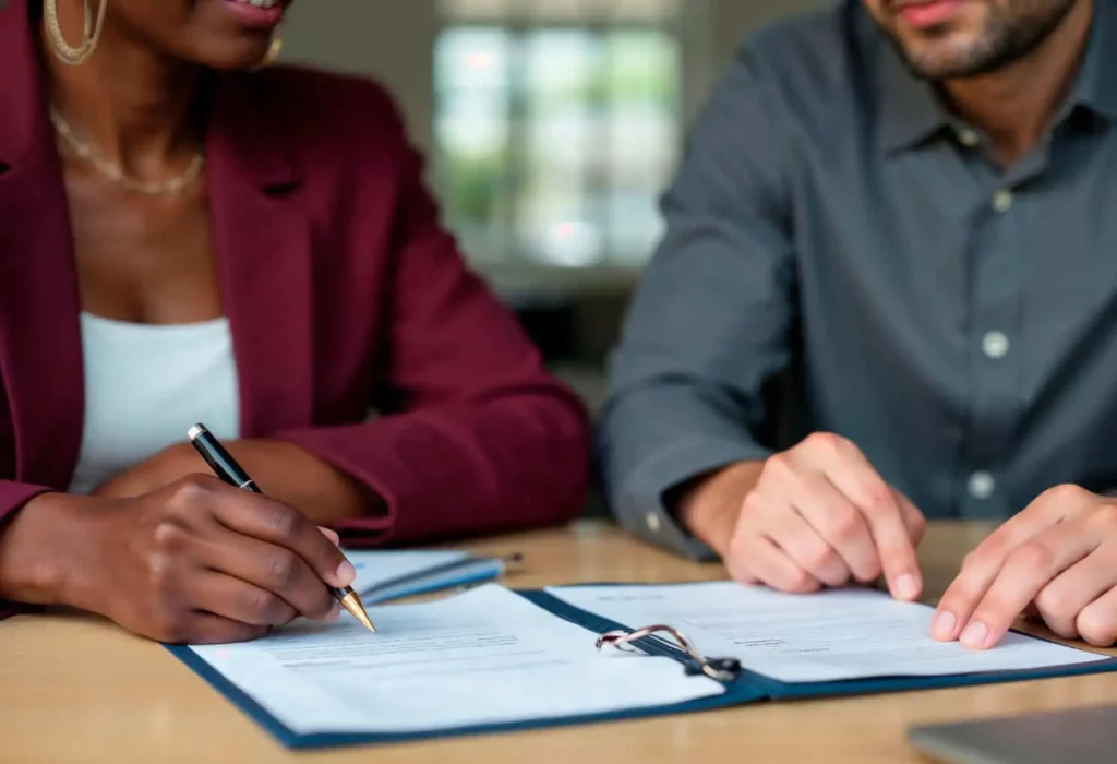 Imagem de duas pessoas sentadas em uma mesa analisando documentos; uma delas está escrevendo com uma caneta enquanto a outra aponta para a papelada. Apenas as mãos e os torsos estão visíveis, sugerindo uma assinatura de contrato.