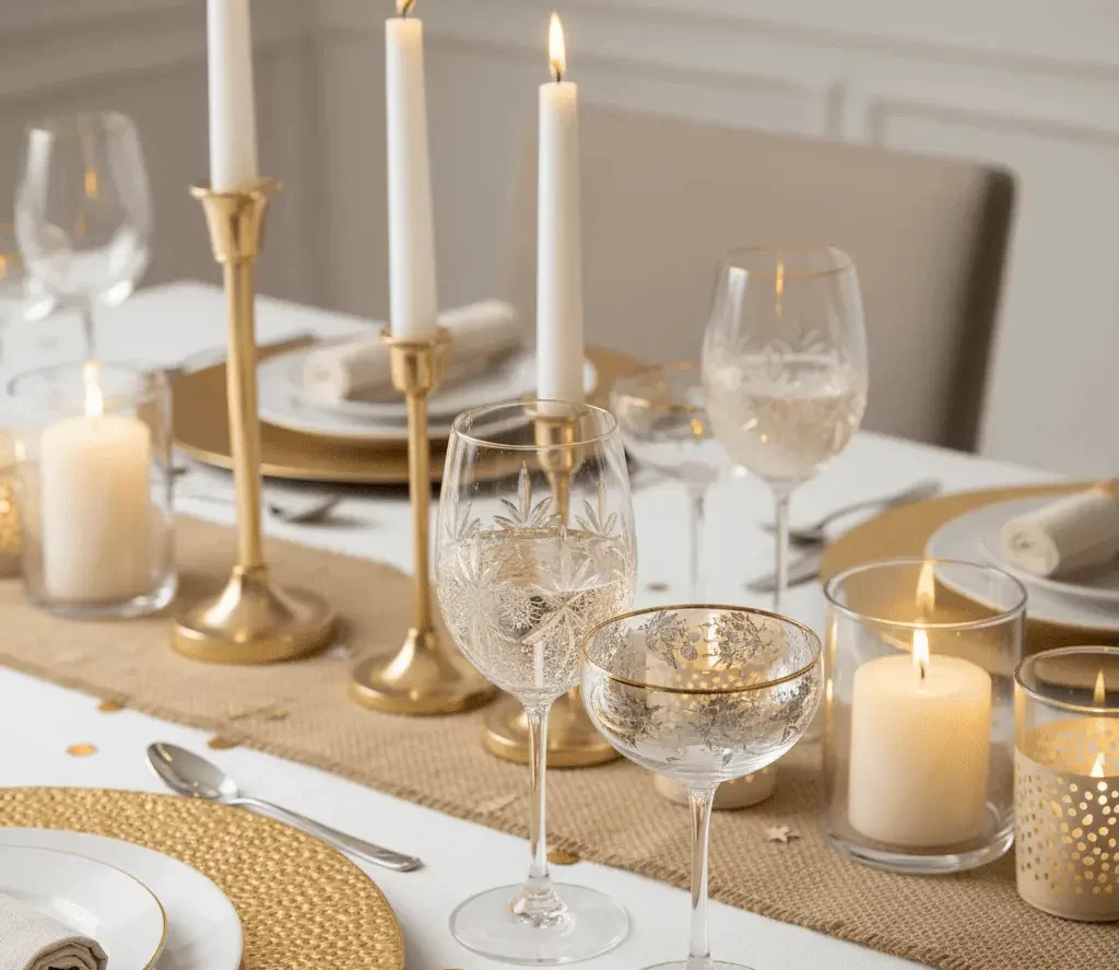 Taças decorativas e velas são ótimos complementos para a montagem da mesa | Imagem gerada por inteligência artificial e usada para fins ilustrativos