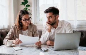 Imagem de duas pessoas sentadas em uma mesa com um laptop, papéis e um smartphone para ilustrar matéria que explica que estrangeiro pode comprar imóvel no Brasil. Na foto, uma pessoa segura e revisa um documento enquanto a outra observa atentamente.