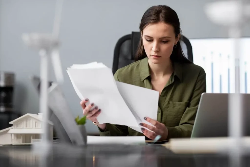 Imagem de uma mulher sentada em uma mesa, analisando uma pilha de documentos, para ilustrar matéria sobre o que é regularização fundiária. Ela está concentrada e vestida com uma camisa verde, com um laptop e material de escritório por perto em um espaço de trabalho moderno.