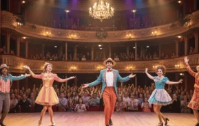 Imagem de cinco artistas em trajes vintage coloridos dançam e posam em um palco de teatro iluminado, sorrindo para um público grande e aplaudindo em um teatro ornamentado e iluminado por lustres, para ilustrar matéria sobre teatro em Belo Horizonte