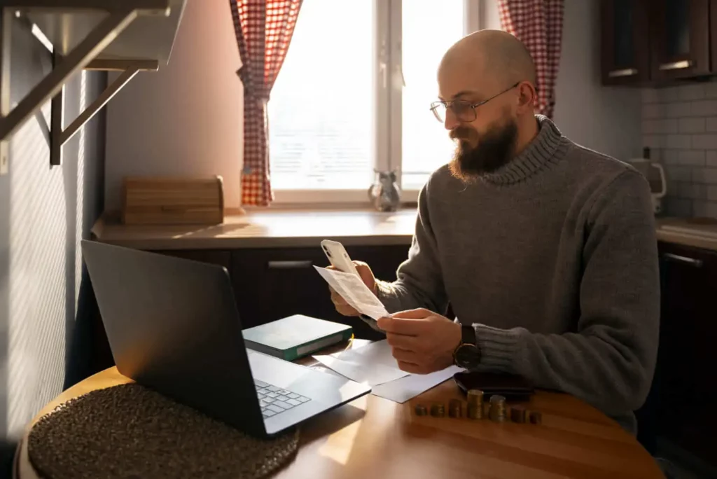 Imagem de um homem de óculos e barba sentado à mesa da cozinha com um laptop, segurando um recibo e usando seu telefone. A luz do sol entra por uma janela atrás dele, e há moedas e papéis espalhados sobre a mesa.