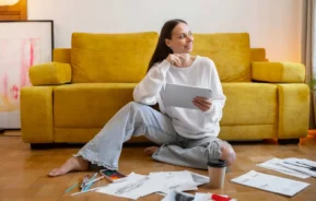 Imagem de uma mulher sentada no chão com um tablet para ilustrar matéria sobre a estratégia de múltiplas cartas de consórcio.