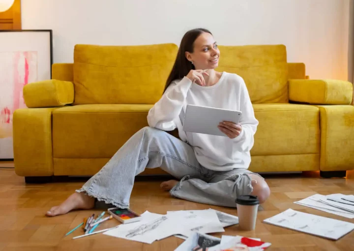 Imagem de uma mulher sentada no chão com um tablet para ilustrar matéria sobre a estratégia de múltiplas cartas de consórcio.