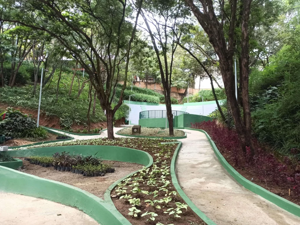 Imagem de um jardim bem cuidado com caminhos sinuosos de concreto, bordas verdes, árvores altas, plantas pequenas e uma cerca branca ao fundo em uma colina verde e exuberante do Parque Ecológico Marcos Mazzoni, em BH