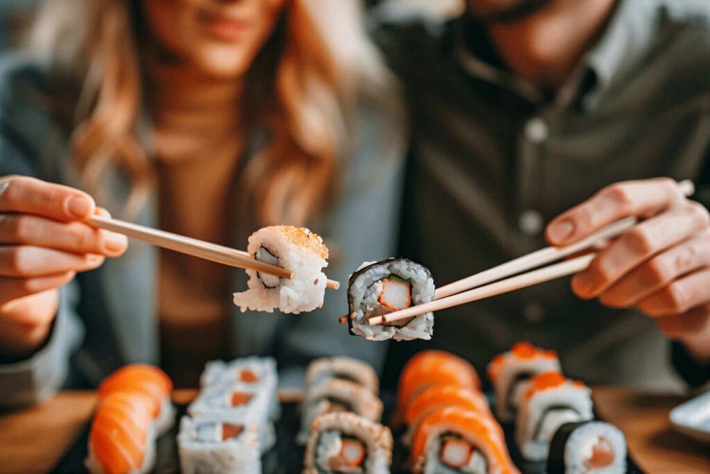 Imagem de duas pessoas segurando rolinhos de sushi com hashis sobre uma mesa cheia de peças variadas de sushi, incluindo rolinhos e nigiri. Os rostos estão fora de foco no plano de fundo.