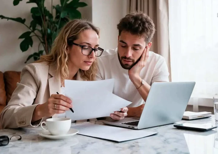 Imagem de uma mulher e um homem sentados em uma mesa, olhando juntos para documentos, para ilustrar matéria sobre qual o melhor valor para dar de lance em consórcio. Um laptop, uma xícara de café e copos de água estão sobre a mesa. Ambos parecem concentrados e envolvidos com a papelada.