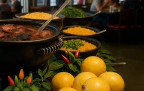 Uma mesa de bufê com tigelas de comida cozida, incluindo feijão e arroz, decorada com ervas, cercada por frutas amarelas frescas e pequenos pimentões. As pessoas estão sentadas e jantando no fundo de um restaurante.