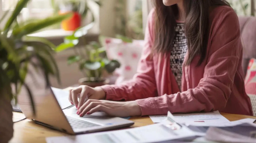 Imagem de uma mulher trabalhando em um laptop em uma mesa de madeira com documentos e papéis espalhados, cercada por plantas domésticas em uma sala iluminada e aconchegante, para ilustrar matéria sobre depois da contemplação do consórcio, o que acontece?