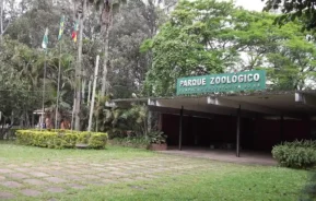 Entrada do Parque Zoológico no Brasil, com uma placa verde acima da entrada, mastros com bandeiras à esquerda, cercados por árvores e vegetação. O caminho com calçamento de pedra leva ao prédio.