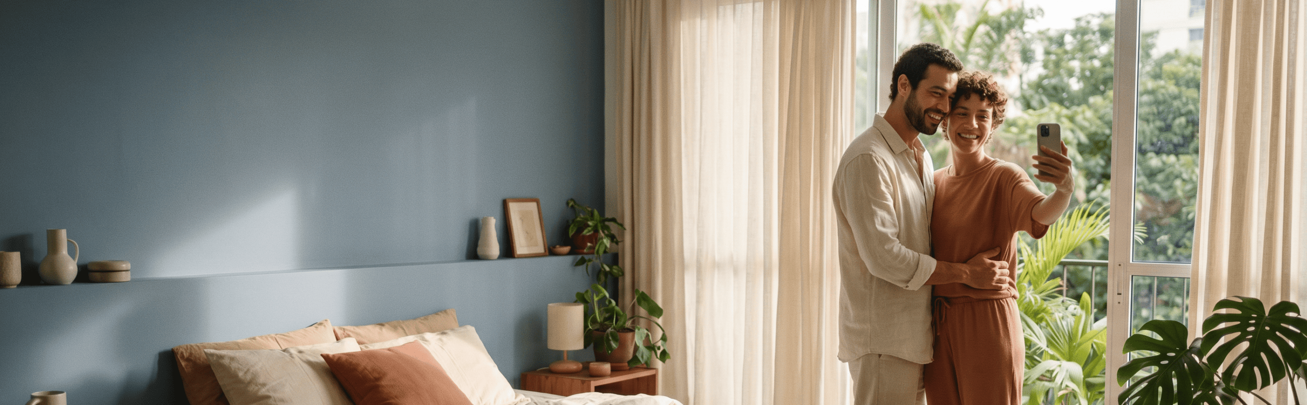 Um casal sorridente está junto em um quarto iluminado pelo sol, tirando uma selfie perto de uma grande janela com cortinas transparentes. O quarto tem paredes azuis, plantas e uma decoração bem organizada, criando uma atmosfera tranquila e aconchegante.